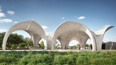 an artist's rendering of two white arches in the middle of a grassy area