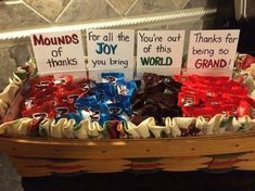 a basket filled with lots of candies and signs on top of each one that says, thanks for all the joy of this world