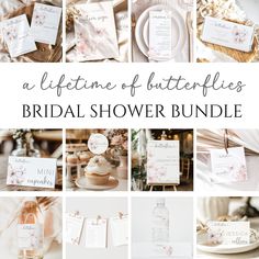 a collage of photos with the words, different types of wedding shower items and place cards