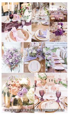 a collage of photos with different flowers and place settings on the table for an elegant wedding reception