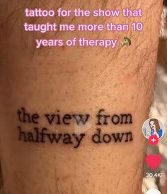 the view from halfway down tattoo on someone's leg shows that they are in love with each other