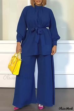 Olivia Mark - Premium Green Solid Half Turtleneck Long Sleeve Two-Piece Set for Casual Wear Two Piece Outfits Pants High Waist, Two Piece Outfits Pants, Purple Two Piece, Wide Leg Pant Suit, Two Piece Outfits, Two Piece Pants Set, Turtleneck Long Sleeve, Style Upgrade, Loose Blouse