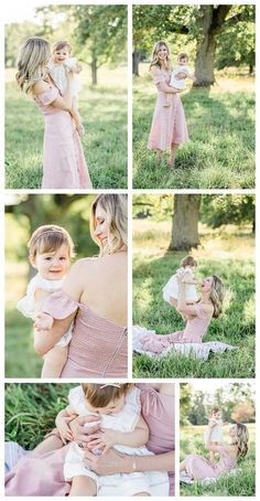 a woman holding a baby in her arms while sitting on the grass with other photos