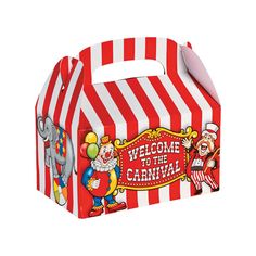 a red and white striped box with circus characters on the front, welcome to the carnival