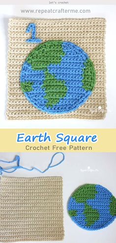 crochet earth square is shown with the words earth square written in blue on it