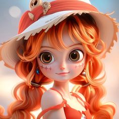 a digital painting of a girl with orange hair and big eyes wearing a red hat