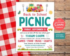 the back to school picnic flyer is displayed on a table with red and white checkered cloth