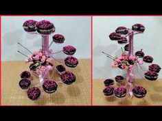 two pictures of cupcakes with pink icing and flowers on them, one is made out of chocolate muffins