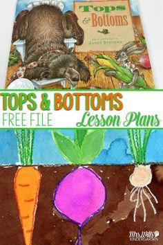 two children's books with carrots and radishes on them, the title tops & bottoms lesson plans