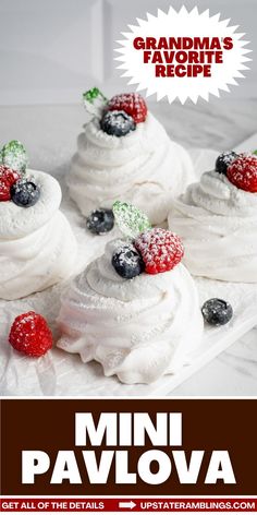 Enjoy the light and airy goodness of Mini Pavlova, a retro dessert that brings back memories of grandma's favorite treats. Topped with fresh fruit and whipped cream, these delightful meringues are perfect for any celebration. Create a batch and indulge in the nostalgia!