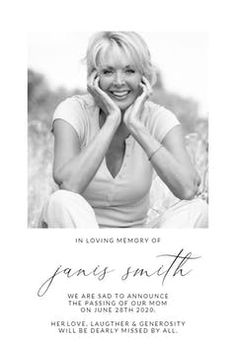 a black and white photo of a woman with her hands on her face, in loving memory of jeanie smith