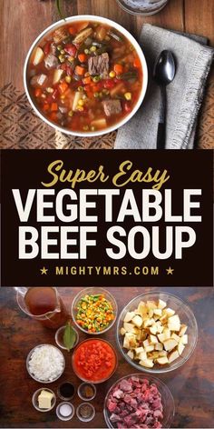 a bowl of vegetable beef soup on top of a wooden table with other bowls and spoons