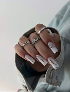 Paznokcie Hello Kitty, White Nails With Gold, Silver Nails, Matte Nails, Best Acrylic Nails, Square Nails