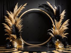 an artistic black and gold background with golden feathers in front of a round frame on a striped floor