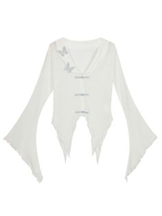 Transform your look with this enchanting butterflies decorated white bell sleeves top. The delicate butterfly embellishments add a whimsical touch to this exquisite top, while the elegant bell sleeves provide a graceful silhouette.  Elevate your style with this captivating top that effortlessly blends romance and sophistication.  Please note that this product includes one top. Garment Size SizeSMLFull Length343536Bust828690Sleeve Length525354Hem Circumference737781 Chic White Bell Sleeve Top, Feminine White Butterfly Sleeve Blouse, White Feminine Blouse With Butterfly Sleeves, White Feminine Tops With Butterfly Sleeves, Fitted White Blouse With Butterfly Sleeves, White Bell Sleeve Tops For Summer, Elegant White Butterfly Sleeve Blouse, Elegant White Blouse With Butterfly Sleeves, Bell Sleeves Top