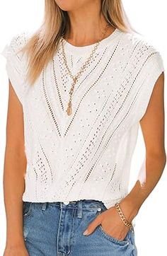 Langwyqu Womens Cap Sleeve Tops Summer Crew Neck Shirt Lightweight Crochet Knit Sweater Crochet Knit Sweater, Cap Sleeve Top, Crew Neck Shirt, Caps For Women, Amazon Women, Crochet Sweater, Summer Tops, Neck Shirt, Cap Sleeve