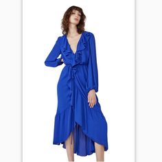 Reposhing This Item I Purchased From @Chelles1010. Loved It, But The Fabric Is Not Forgiving At All Questions? Leave A Comment Below! Bardot Midi Dress, Blue Wrap Dress, Dress Trims, Ruffle Wrap Dress, Bardot Dress, Long Sleeve Wrap Dress, Ruffle Midi Dress, Midi Wrap Dress, Frill Dress