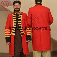 New Men Red Wool British Royal Vice-Admiral Military Jacket, Lancer Officer Coat, Admiral Officer Jacket, British Officer Jacket By Cavalry Coats With Worldwide Shipping  STYLE PROFILE: Crafted with 100% Wool material, this custom-fit coat exudes elegance and style. Primary Color: Red Expertly tailored for a refined finish. SIZING DETAILS: To ensure the perfect fit, please provide the following measurements: Chest Size: Measure around the fullest part of your chest. Waist Size: Measure around yo Red Military Long Sleeve Outerwear, Red Stand Collar Blazer For Winter, Red Cotton Blazer For Winter, Red Fitted Nehru Jacket For Fall, Red Long Sleeve Nehru Jacket For Fall, Fitted Coat, Red Wool, British Royals, Style Profile