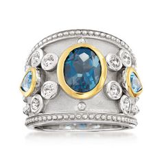 Ross-Simons - 3.70ct t.w. London Blue, Swiss Blue, White Topaz Ring, 14kt Gold. Size 10. A brushed sterling silver band hosts 3.30 ct. t.w. London and Swiss blue topaz in polished 14kt yellow gold, sparked by .40 ct. t.w. white topaz rounds. 3/4" wide. White and blue topaz ring. Blue Topaz birthstones are the perfect gift for December birthdays. Grandma Ring, Rhodolite Garnet Ring, Swiss Blue Topaz Ring, Topaz Birthstone, Mothers Ring, Bold Rings, Topaz Color, Black Onyx Ring, Swiss Blue Topaz