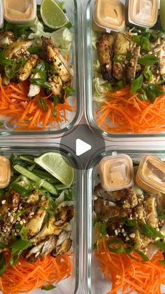 four plastic containers filled with different types of vegetables and sauces on top of each other