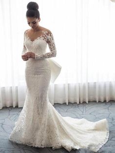 Long Sleeves Lace Mermaid Wedding Dresses - wedding dresses Detachable Train Wedding Dress, Bespoke Wedding Dress, Sheer Wedding Dress, Pnina Tornai, White Bride, Plus Size Formal, Applique Wedding, Applique Wedding Dress, Wedding Dress Fabrics