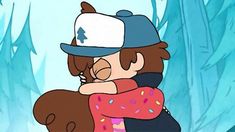 a man hugging a woman in front of trees with donuts on his arm and wearing a baseball cap