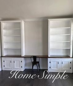 a room that has some white cabinets and black chairs in it with the words home simple written above them