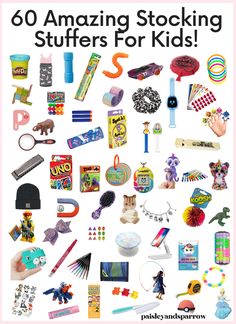 an advertisement for children's toys and crafts with the words, 60 amazing stocking stuff