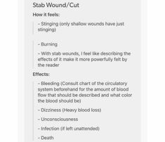 an image of a text description with the words stab wound / cut and how it feels