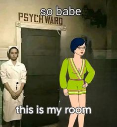 two people standing next to each other in front of a sign that says, so babe this is my room