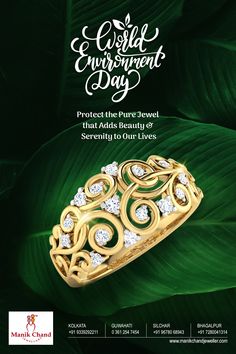 an advertisement for the emerald engagement day, which features gold rings and diamonds on green leaves