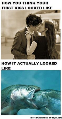 an image of two people kissing in front of a fish and the caption how do you think your first kiss looked like?