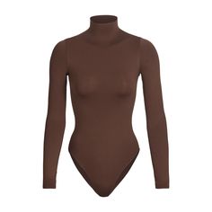 Trendy Stretch Bodysuit For Workwear, Long Sleeve Bodysuit For Layering, Fitted Brown Long Sleeve Bodysuit, Brown Fitted Long Sleeve Bodysuit, Trendy Fall Bodysuit In Elastane, Trendy Elastane Bodysuit For Fall, Trendy Brown Long Sleeve Bodysuit, Fall Bodysuit For Workwear, High Neck Bodysuit For Workwear In Fall