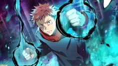 an anime character with red hair holding a magnifying glass in front of his face