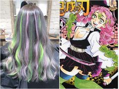 two different colored wigs with anime characters in the background and an image of a woman's hair