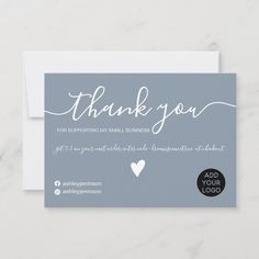 a thank card with the words, thank you and a heart in white on a blue background