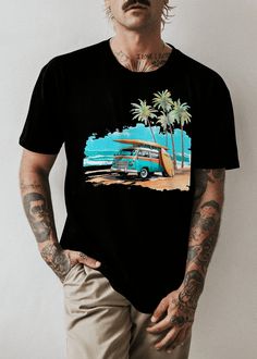 Introducing our iconic t-shirt that encapsulates the timeless allure of surfing and the nostalgic charm of a classic VW bus. Get ready to ride the waves of style and transport yourself to the sun-soaked shores with this meticulously designed garment featuring a vintage VW bus parked on the beach, its roof adorned with a surfboard, against a backdrop of rolling waves, swaying palm trees, and clear blue skies. This captivating t-shirt celebrates the fusion of surf culture and retro aesthetics, with its vibrant colors and intricately detailed design. The VW bus, a symbol of beach culture, perfectly complements the picturesque scenery, creating a sense of nostalgia and adventure. The surfboard perched on top of the car speaks of endless possibilities and the exhilaration of catching the perfec Retro Surfing T-shirt For Beach Season, Retro T-shirt For Surfing And Beach Season, Retro T-shirt For Surfing In Beach Season, Vintage Vw Bus, Surf Gifts, Beach Hawaii, Vw Vintage, Surf Culture, Surf Shirt