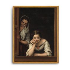 a painting of two people looking out a window