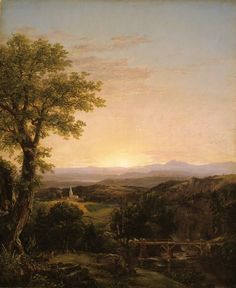 an image of a painting with trees and mountains in the background