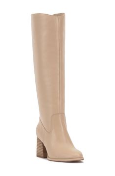 Smooth, polished leather forms the upper of this knee-high boot set atop a slightly curved block heel. 2 3/4" heel 15 1/4" shaft; 14 1/2" regular calf circumference 15 1/4" shaft; 16" wide calf circumference 15 1/4" shaft; 17" extra-wide calf circumference Leather upper/synthetic lining/rubber sole Imported Extra Wide Calf Boots, Shoes Sandals Heels, Wide Calf Boots, Wide Calf, Mens Shoes Boots, Tall Boots, Black Booties, Brown Boots, Vince Camuto