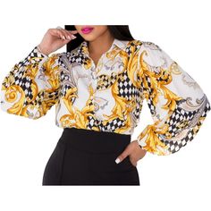 You Will Love These Stylish And Modern Blouses For Women That Have Beautiful, Vibrant Colors. They Have A Pretty Design And Fit Very Well Casual Long Sleeve Shirts Can Be Tie Front As A Dress Which Would Be Welcomed In Party Club Night,Help You Get Many Compliments. Classic Lapel Shirts With Vibrant Color Perfect Casual,Daily Wear,Travelling,Beach Cover Ups,Camping,Formal,Homecoming,Wedding,Birthday Gift,Dinner And So On. Yellow Long Sleeve Printed Top, Trendy Long Sleeve Gold Blouse, Chic Multicolor Office Tops, Gold Long Sleeve Tops With Buttons, Trendy Multicolor Tops For Office, Elegant Yellow Tops With Floral Print, Elegant Yellow Top With Floral Print, Trendy Multicolor Office Tops, Elegant Yellow Long Sleeve Shirt