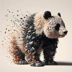 a panda bear made out of rocks and pebbles on a white background with black spots