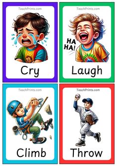 four cards with different pictures of children's faces and words in the same language