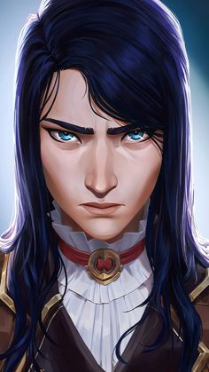 an anime character with long black hair and blue eyes, wearing a white collared shirt