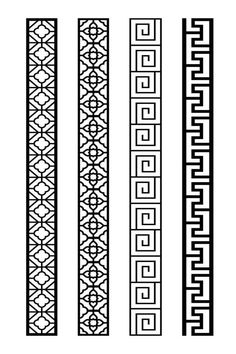 four different types of decorative designs in black and white, each with an intricate design