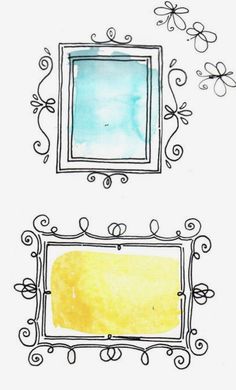 a drawing of a mirror and some flowers on a white background with blue, yellow and green colors