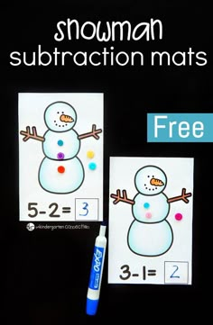 two snowman subtraction mats are shown next to a blue marker