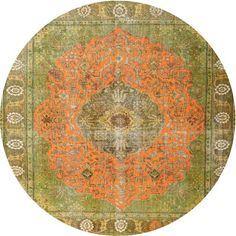 an orange and green rug on a white background