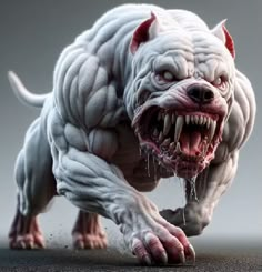 a white dog with red eyes and fangs on it's face is running towards the camera