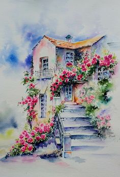 a watercolor painting of a house with pink flowers on the front and stairs leading up to it